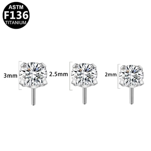 Three sizes of 4-prong round zircon ASTM F136 titanium push-in tops for body jewelry
