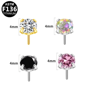 ASTM F136 titanium push-in labret tops with 4mm cubic zirconia in four assorted colors