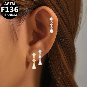 G23 titanium drop earring with marquise cubic zirconia and chain link for body piercing