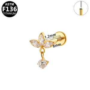 Titanium labret stud with marquise zircon cluster and hanging round crystal detail