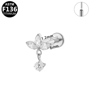 Detail of G23 titanium labret stud with marquise zircon leaves and 8mm bar size