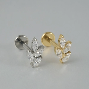 Titanium labret stud with marquise zircon leaf design in gold and silver finish