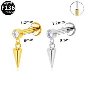 ASTM F136 titanium labret piercing with zircon and cone pendant in gold and silver