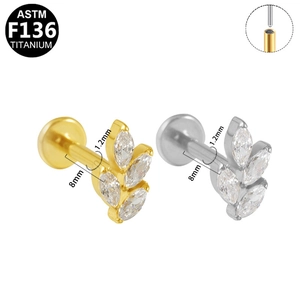 Detailed internal thread specs for ASTM F136 titanium labret with marquise gems