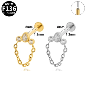 F136 titanium labret with chain fringe and zircon studs in silver and gold colors