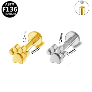 Titanium F136 internal thread paw labret studs in gold and silver, 1.2x8mm size