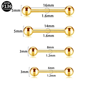Barbell en titane ASTM F136 à filetage interne doré montrant diverses tailles