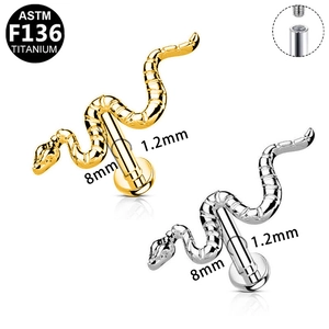 Detail of G23 titanium snake labret studs showing 1.2mm gauge and internal threading