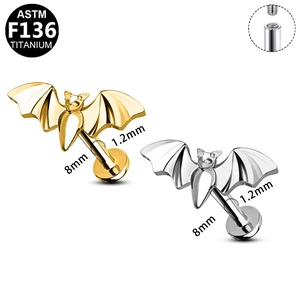 G23 titanium bat-shaped piercing jewelry with internal thread detail in gold and silver