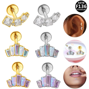 Titanium Alloy Internal Thread Labret Stud Fan Shaped Artificial Opal Rhinestone Lip Piercing Ear Cartilage Stud Body Jewelry