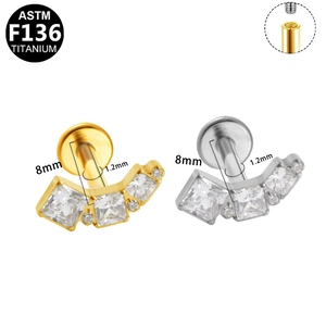 ASTM F136 titanium labret with irregular T-bar and CZ stone studs for lip or ear piercing