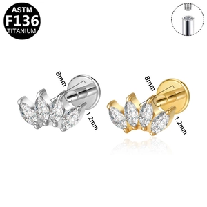 Détail du piercing labret en titane ASTM F136 avec zircons marquise en éventail et mesures