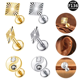 ASTM F136 Titanium Labret Piercing Sieraden Intern Schroefdraad Geometrisch Vierkant Ruit Yin Yang Strass Kraakbeen Oorbel Lipnagel