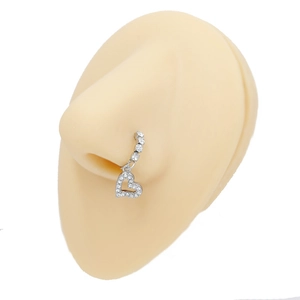Close-up of stainless steel nose ring with sparkling paved heart pendant on model