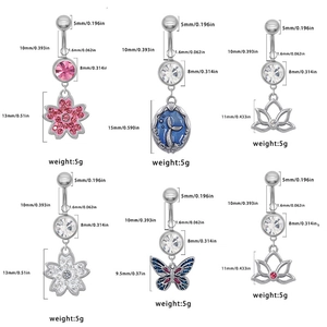 Surgical steel belly rings set with floral pendants and 1.6mm piercing specifications