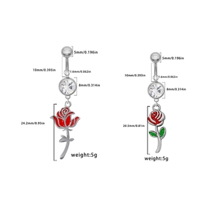 Stainless steel belly button ring featuring a red rose pendant and clear cubic zirconia