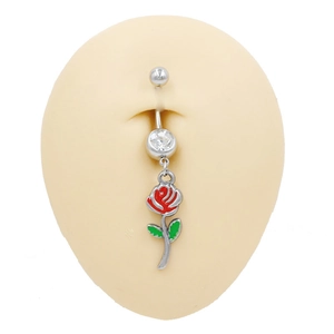 Stainless steel belly button ring with red rose pendant and clear zircon stone