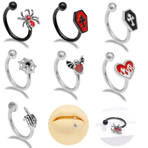 Gothic Punk Halloween Body Piercing Jewelry Stainless Steel Copper Rhinestone Coffin Spider Bat Skeleton Hand Lip Nose Ring