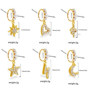 Set of 6 gold stainless steel nose rings with crystal moon heart and star pendants