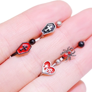 Gothic punk body jewelry set featuring red heart flame, coffin, and spider piercing studs