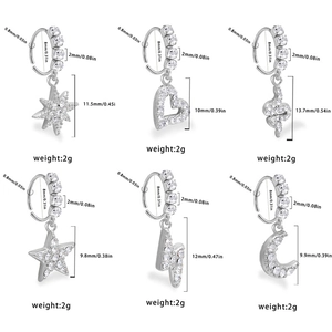 Set of six stainless steel huggie earrings with zircon star, moon, heart, and snake charms