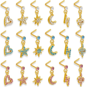 Chirurgenstahl L-Form Nasenstecker Mit Herz Stern Mond Schlange Blitz Anhänger Vergoldet Zirkonia Piercing Schmuck Für Damen