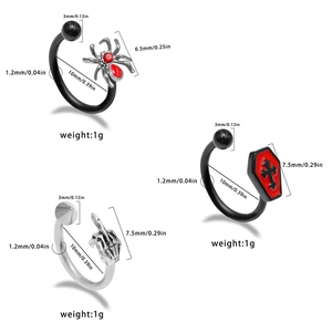 Detailed view of punk spider and coffin piercing jewelry with size specifications