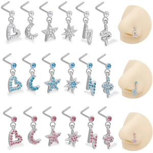 Piercing al Naso in Acciaio Inossidabile Chirurgico 316L con Pendenti in Zirconia Cubica a Forma di Cuore Stella Luna Serpente