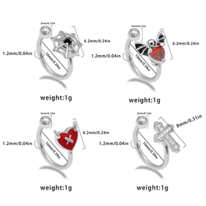 Dettaglio di gioielli piercing gotici a cuore e ragnatela con dimensioni prodotto