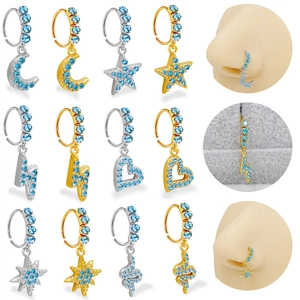 316L Stainless Steel Nose Rings Blue Zirconia Heart Star Moon Snake Dangle Earrings Piercing Jewelry For Women Men