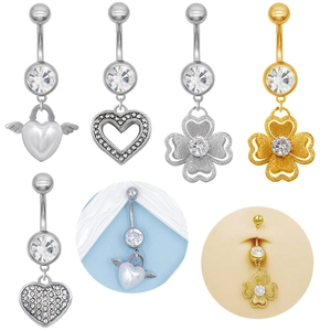 Piercing de Ombligo de Acero Inoxidable Quirúrgico Corazón Trébol Ala Strass Incrustado Joyería Corporal para Mujer