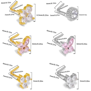 Set of 6 stainless steel L-shaped nose studs with butterfly and zircon designs