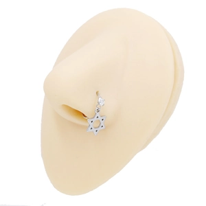 Silver steel nose ring featuring a hexagram star pendant with zircon on a nose model
