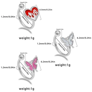 Titanium steel butterfly and flame heart labret piercing set with dimension specs