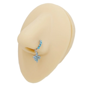 Detail of silver lightning nose ring with blue rhinestones on silicone model