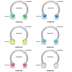 Set of 1.6mm steel horseshoe rings with colorful 4mm balls for body piercings
