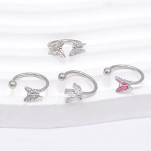 Polished silver steel butterfly nose ring set with sparkling zirconia and opal stones
