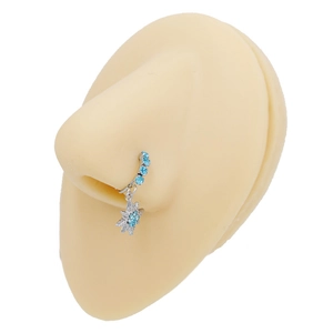 Silver stainless steel nose ring with blue crystal star dangle on silicone model