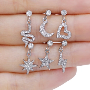 Set di 6 piercing in argento e acciaio inossidabile con disegni luna stella e cuore