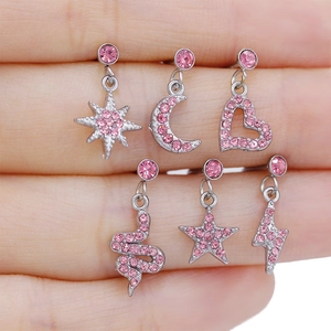 Set di 6 orecchini a perno in acciaio inox argento con strass rosa e forme celestiali