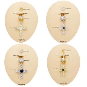 Cross belly ring set with rhinestones on silicone model showing detailed product dimensions