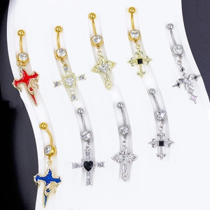 Cross belly button rings set with rhinestone inlays in gold and silver finishes