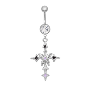 Silver belly button ring with cross pendant featuring purple and black enamel diamond patterns