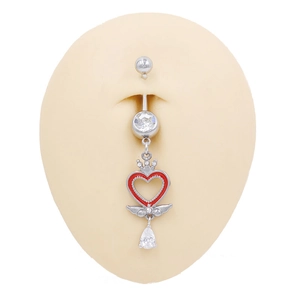 Piercing ombelico in acciaio inossidabile con cuore rosso, corona e ali con zircone chiaro