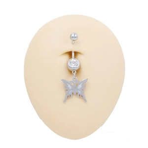 Detail of silver steel belly ring with white butterfly pendant and zircon on silicone model