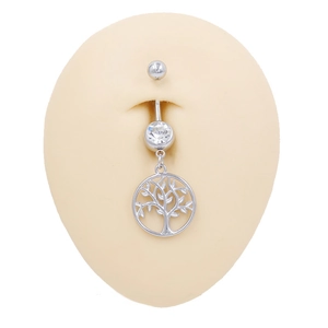 Detailed view of Tree of Life navel piercing ring with zircon on human body model