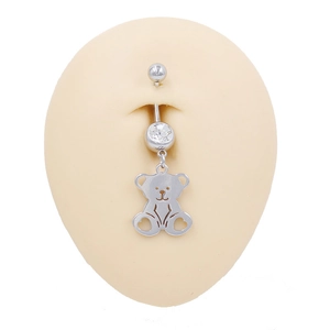 Polished stainless steel belly ring with clear gemstone and hollow bear pendant charm