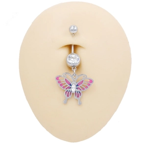 Piercing per ombelico a farfalla con smalto rosa viola e pietre di zircone brillanti