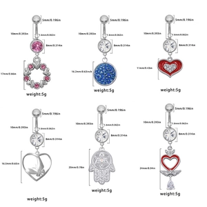 Set di sei piercing per ombelico in acciaio inossidabile con ciondoli a cuore e farfalla