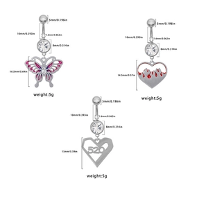Specifiche dettagliate delle dimensioni per piercing all'ombelico a cuore e farfalla
